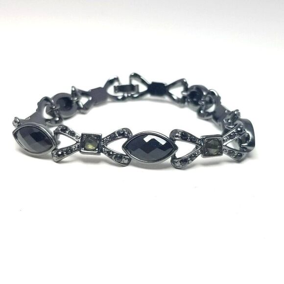 Vintage Black Rhinestone and Dark Gray Metal Bracelet, Goth Vibes, Estate - Picture 1 of 5